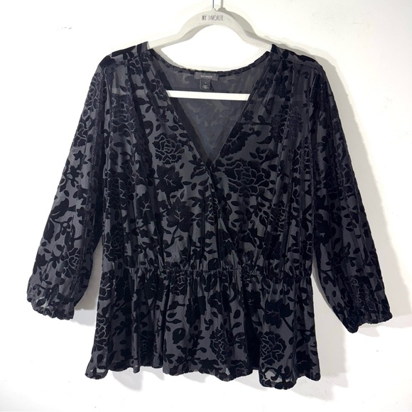 Halogen Babydoll Top Black Velvet Burnout Whimsy Goth Floral - Picture 1 of 9